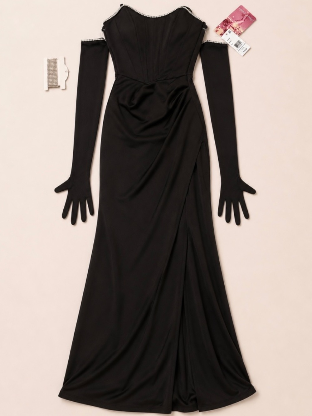 Emerald Sundae Rhinestone Strapless Maxi Gown with Gloves & Bracelet – XXS – NWT